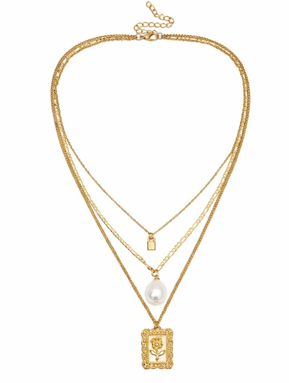 Gold Layered Pendant Necklace Set with Pearl and Floral Design NWT - Picture 2 of 3